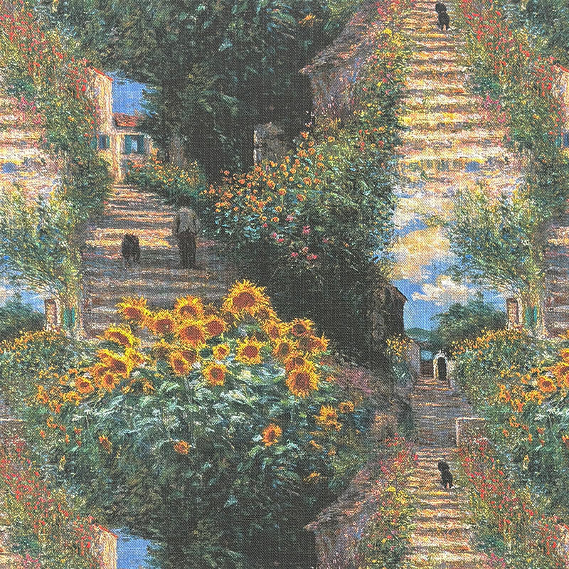 Impressionist style upholstery fabric featuring sunlit garden steps, flowering borders, sunflowers and scenic landscape artwork inspired by Monet