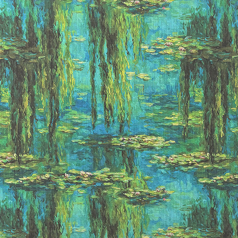 Impressionist style upholstery fabric featuring turquoise water lilies, willow reflections and painterly blue green pond landscape inspired by Monet