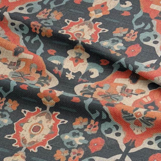 Charcoal kilim-style upholstery fabric with large-scale floral and geometric motifs