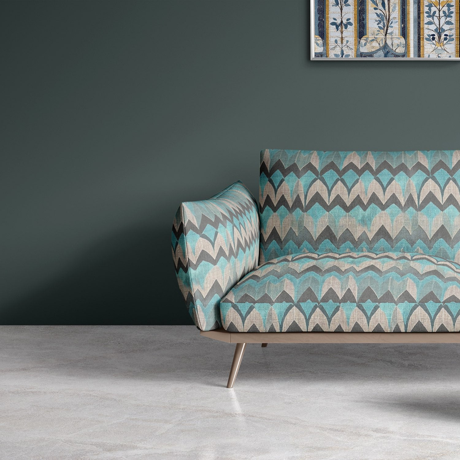 Upholstered armchair in Kilim No.19 upholstery fabric with bold tribal chevron design in teal and stone