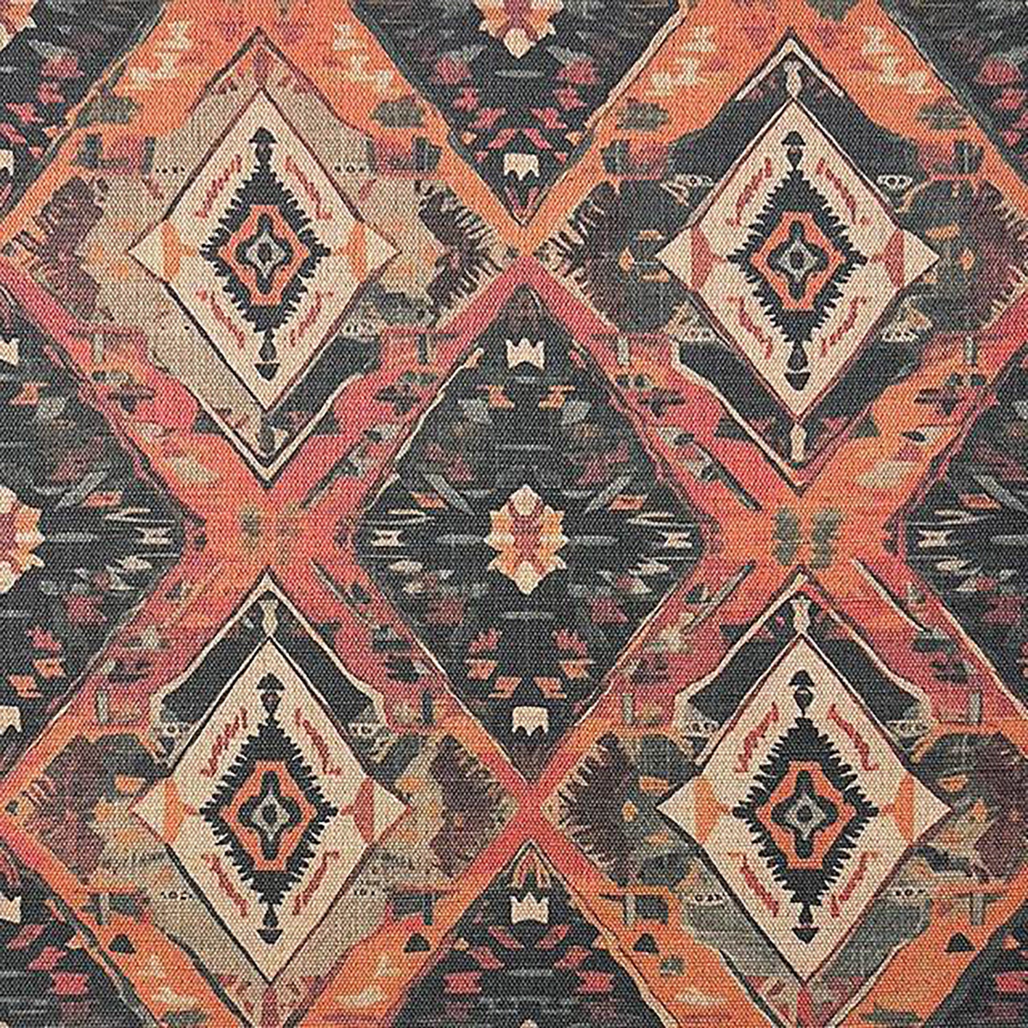 Flat lay of Kilim No.1 Upholstery Fabric in terracotta and charcoal with geometric tribal pattern