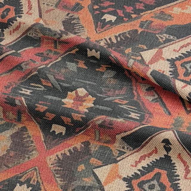 Close-up of woven-effect kilim-style upholstery fabric in earthy tones