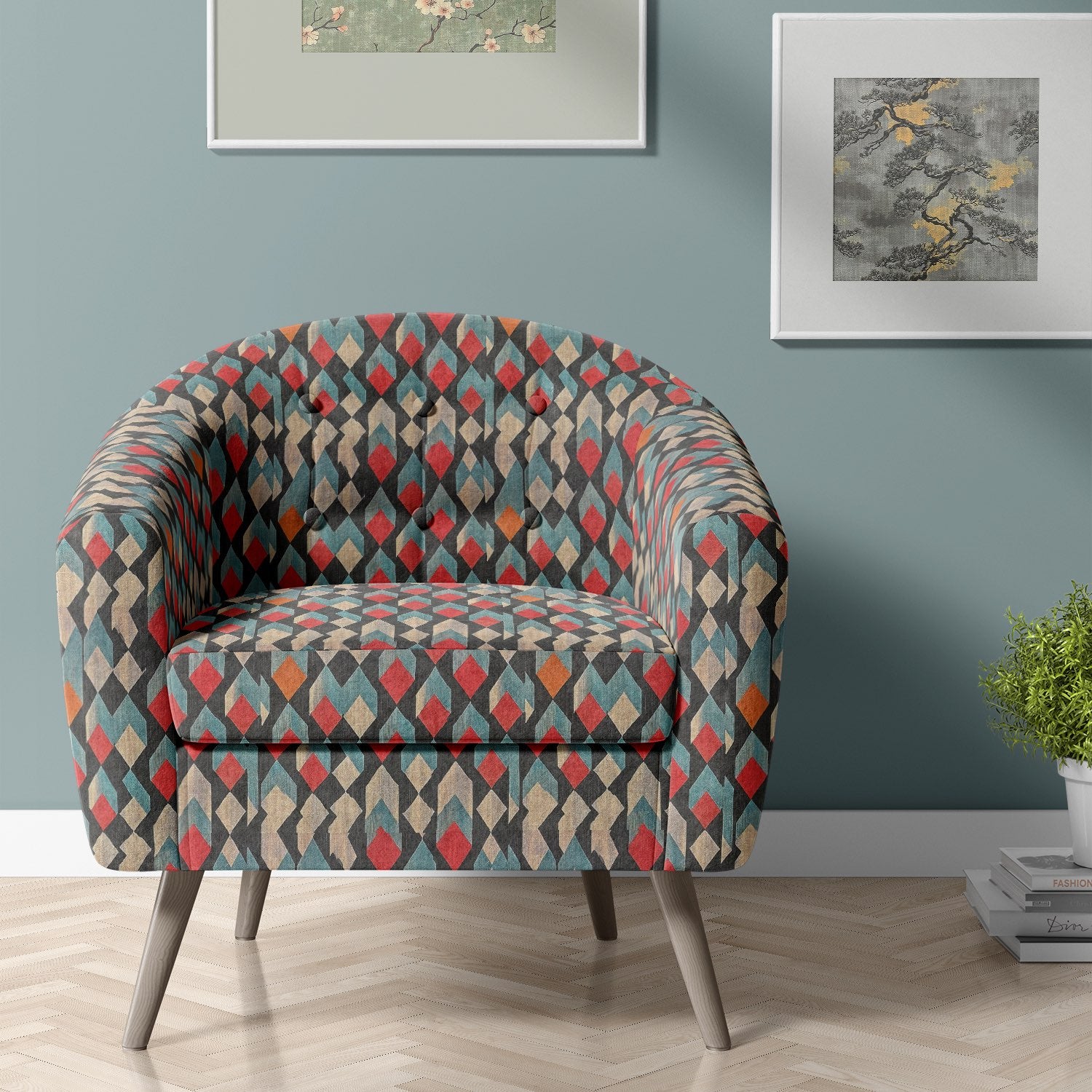 Upholstered armchair in Kilim No.20 upholstery fabric with tribal-inspired multicoloured diamond design