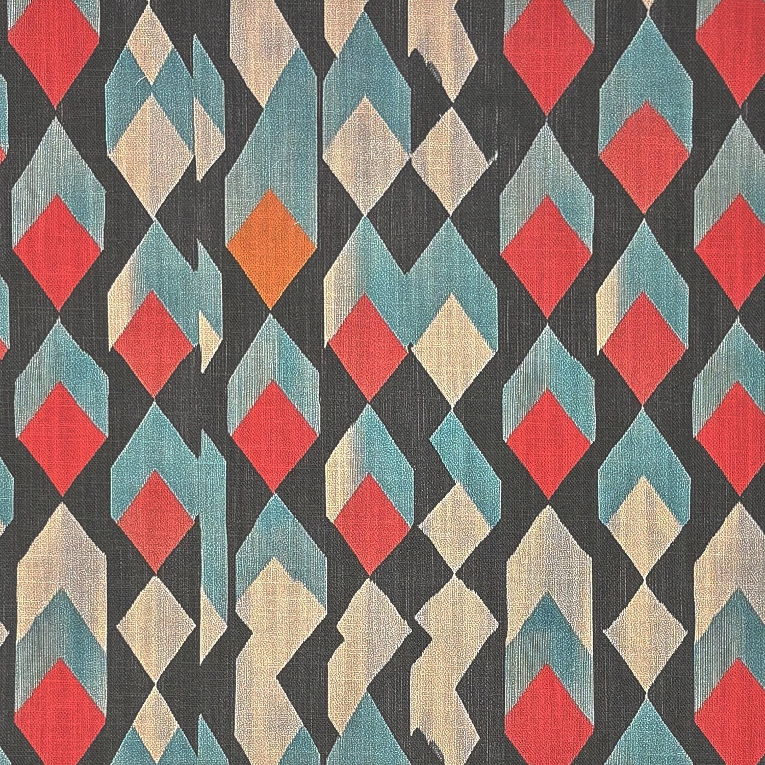 Flat image of Kilim No.20 upholstery fabric featuring geometric diamond pattern in red, teal, and stone