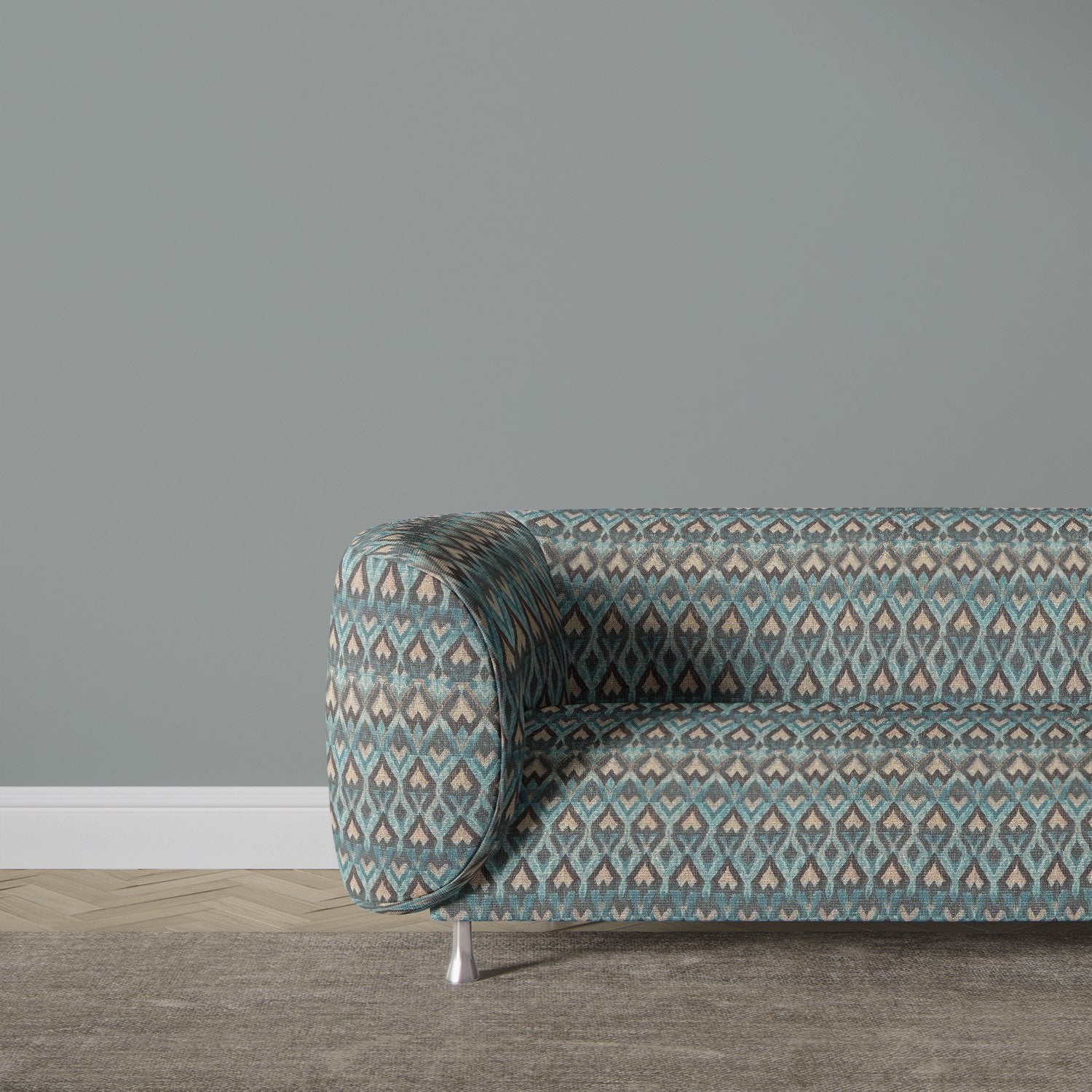 Contemporary sofa upholstered in Kilim No.21 upholstery fabric with tribal geometric pattern in teal and charcoal