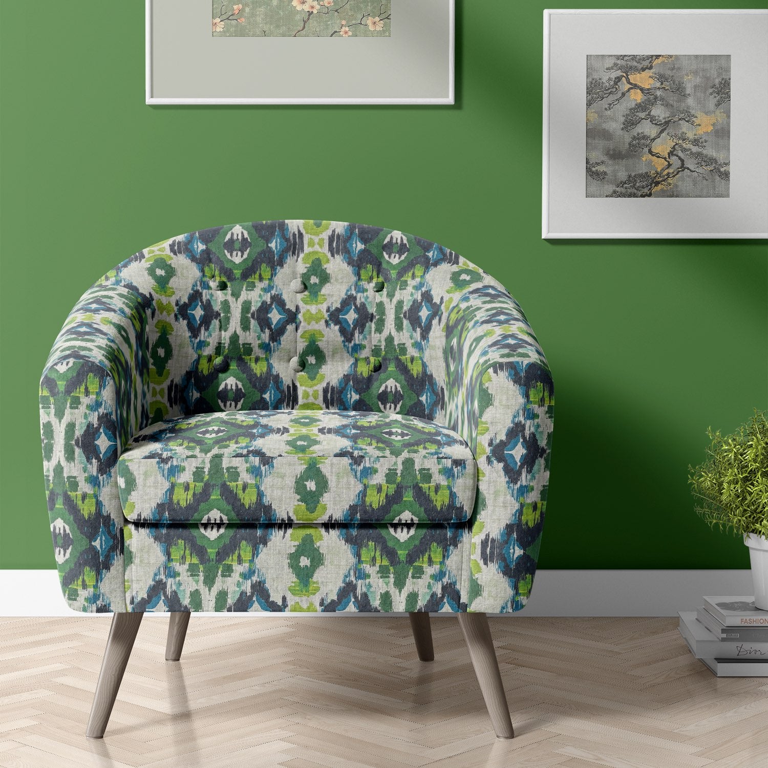 Modern armchair upholstered in Kilim No.22 upholstery fabric featuring vibrant tribal pattern in green, blue, and charcoal