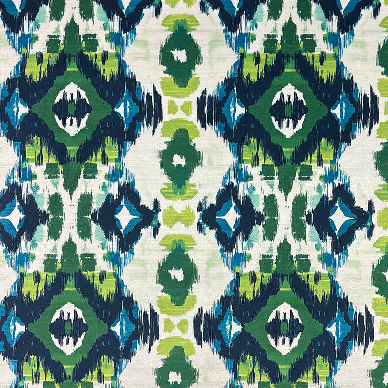 Kilim No.22 flat image showing green, blue and charcoal Crib5 velvet upholstery fabric with bold Kilim design