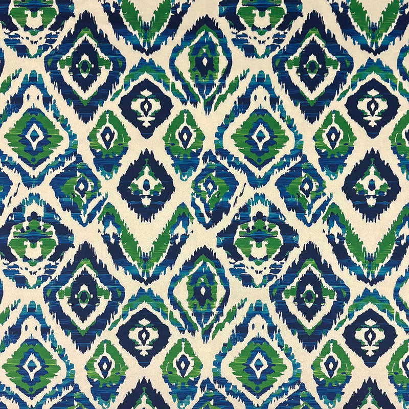 Flat view of Kilim No.24 Crib5 velvet fabric with painterly blue and green Kilim design on natural ground