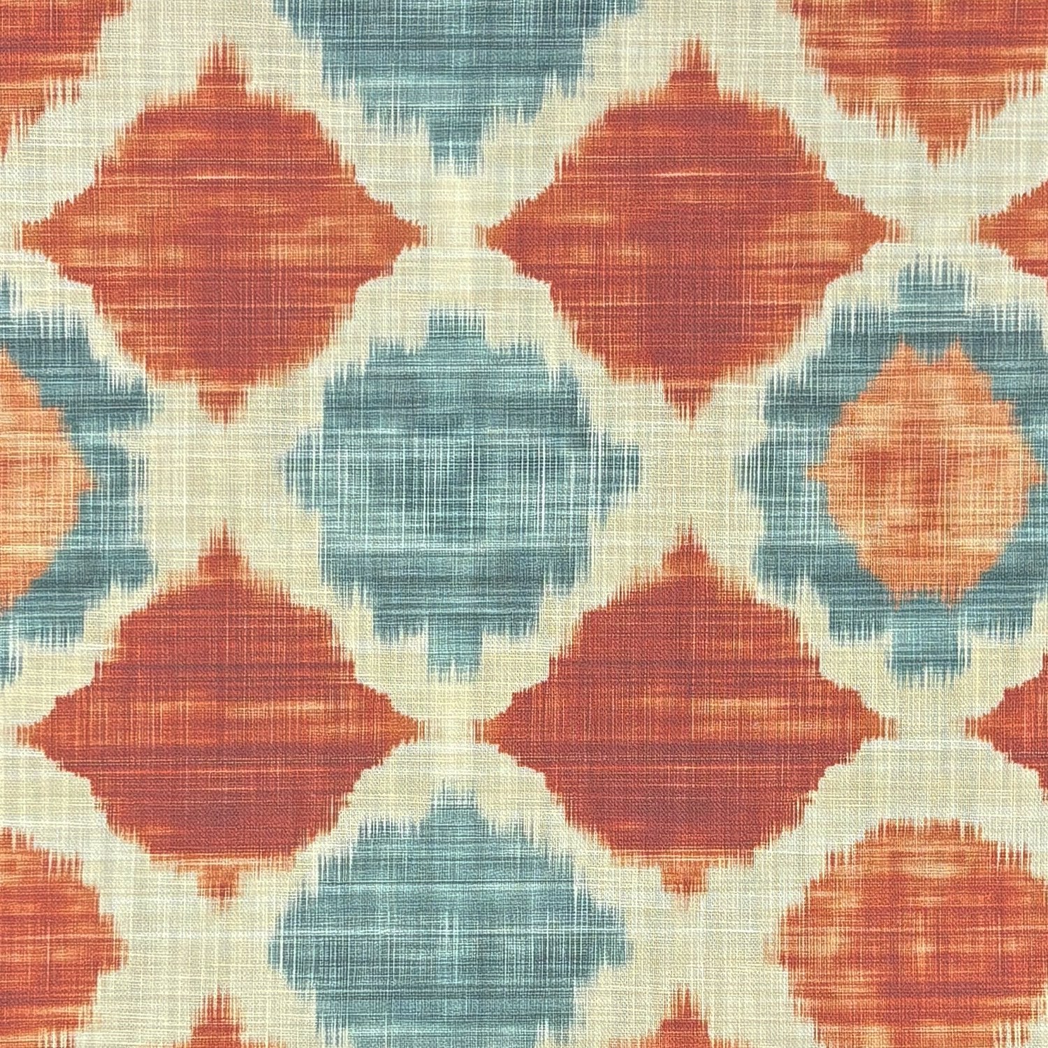 Kilim No.26 geometric tribal design terracotta and teal pattern upholstery fabric flat image
