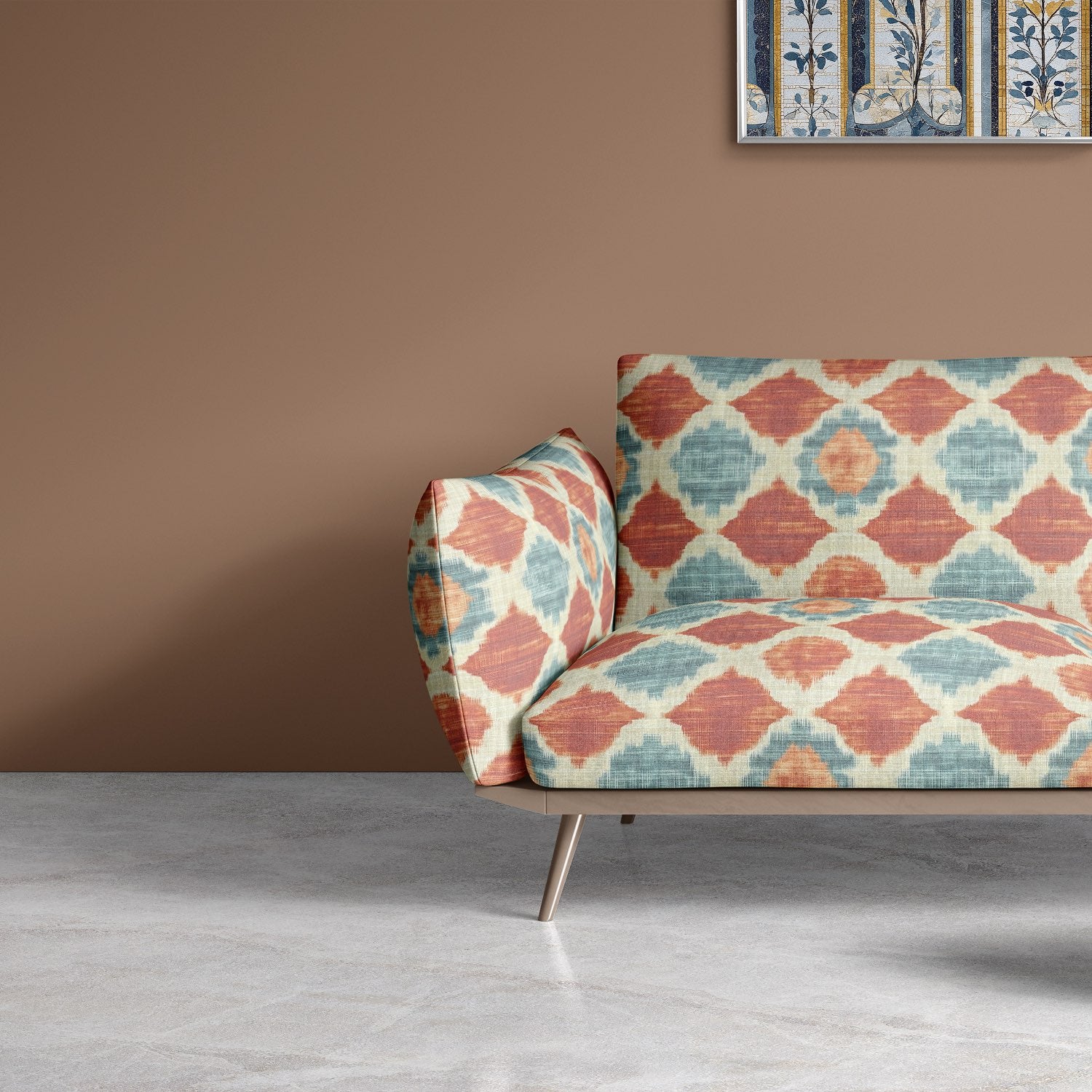 Mid-century style sofa upholstered in Kilim No.26 terracotta and teal patterned upholstery fabric