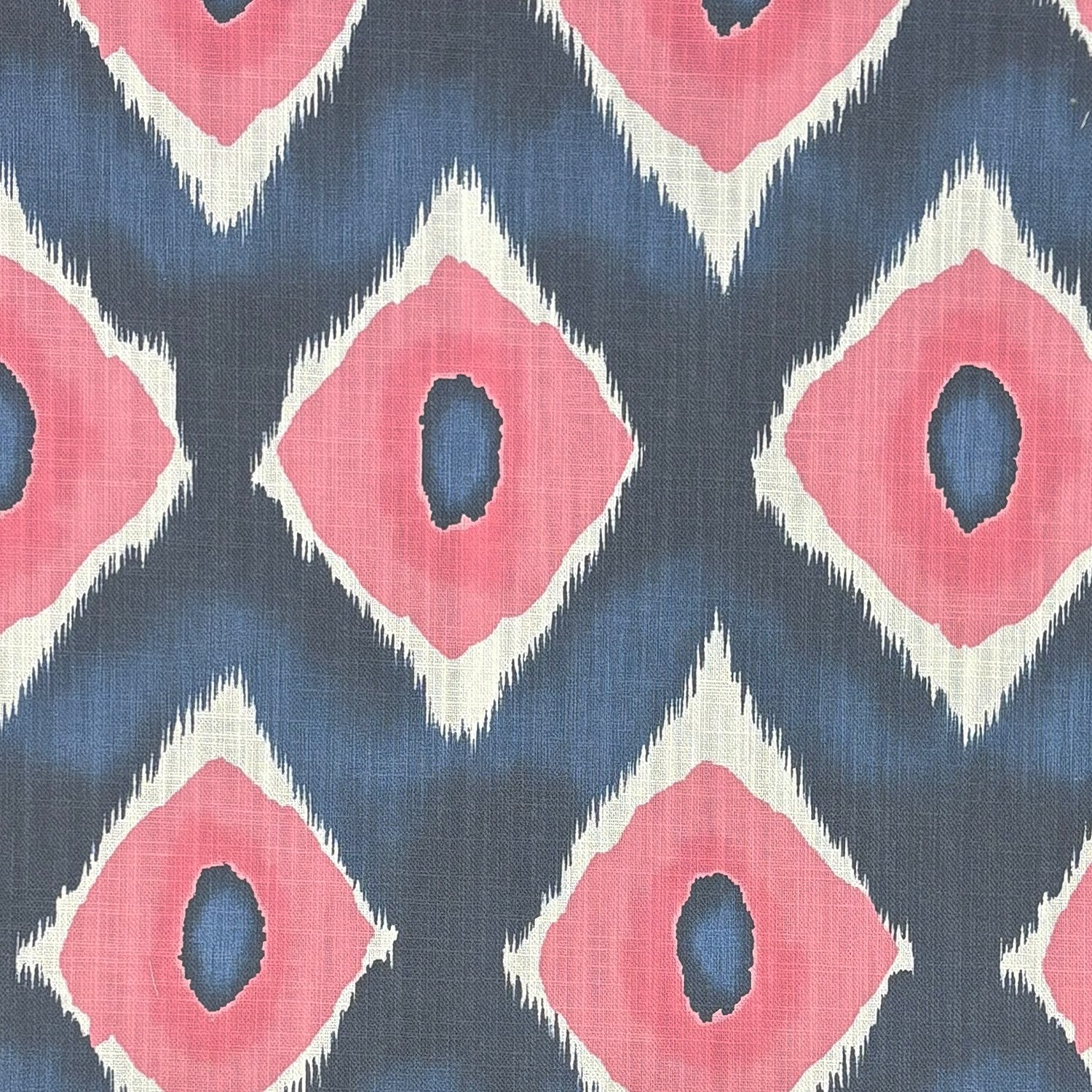 Kilim No.27 pink and navy ikat-style geometric patterned upholstery fabric – flat image