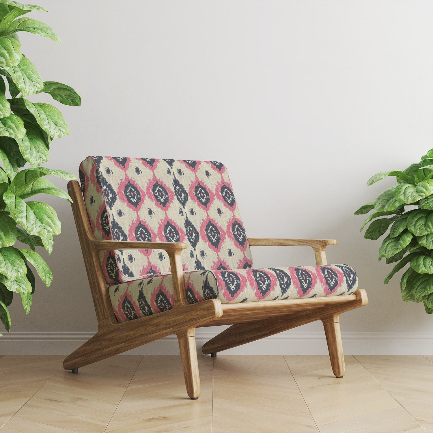 Kilim No.28 pink and charcoal kilim pattern fabric upholstered on modern wooden armchair