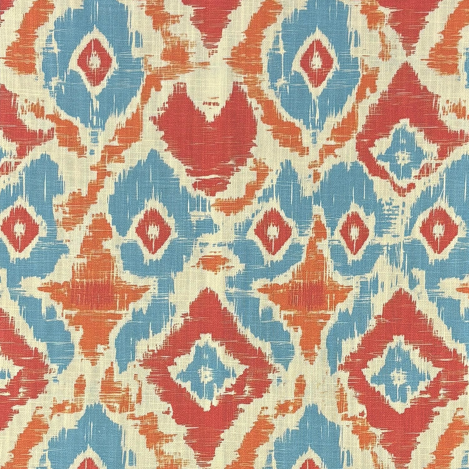 Kilim No.29 blue and red geometric patterned upholstery fabric swatch.