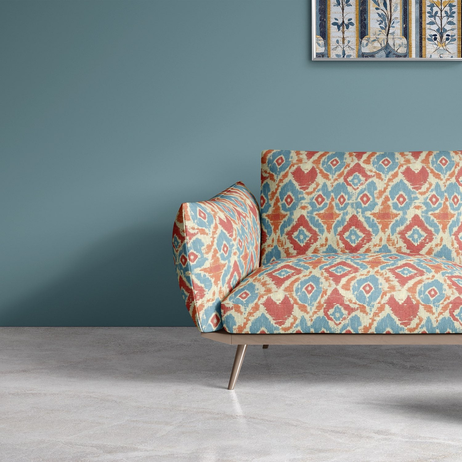 Sofa upholstered in Kilim No.29 blue and red geometric patterned upholstery fabric.