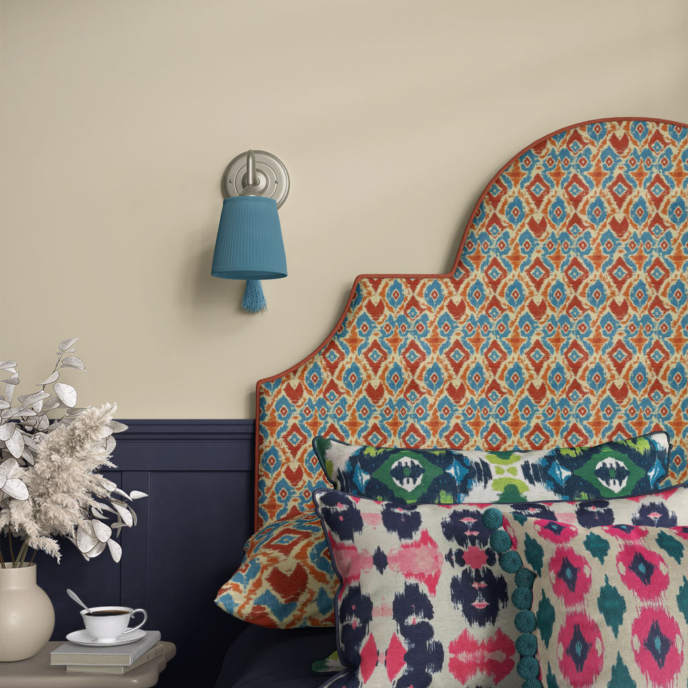 Headboard upholstered in Kilim No.29 Crib5 velvet with blue and red Kilim design for vivid interiors