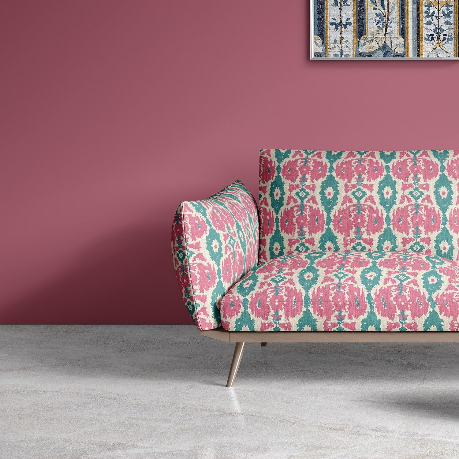 Kilim No.32 pink and teal ikat patterned upholstery fabric on modern sofa