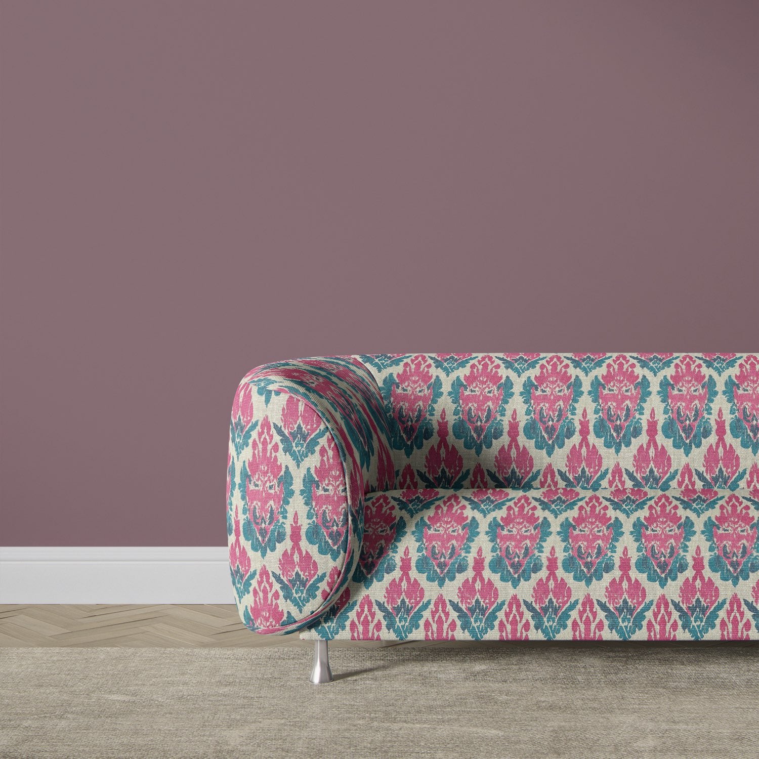 Kilim No.33 pink and teal ikat upholstery fabric on modern sofa