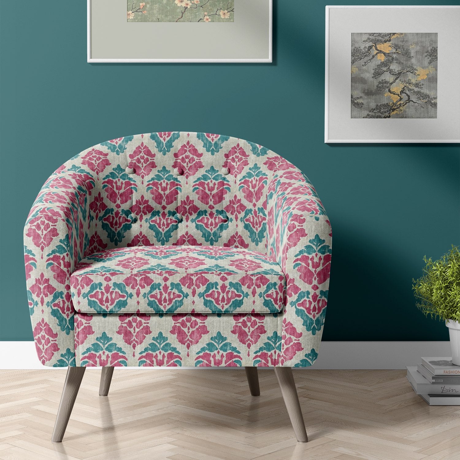 Kilim No.34 pink and teal ikat design fabric on modern armchair