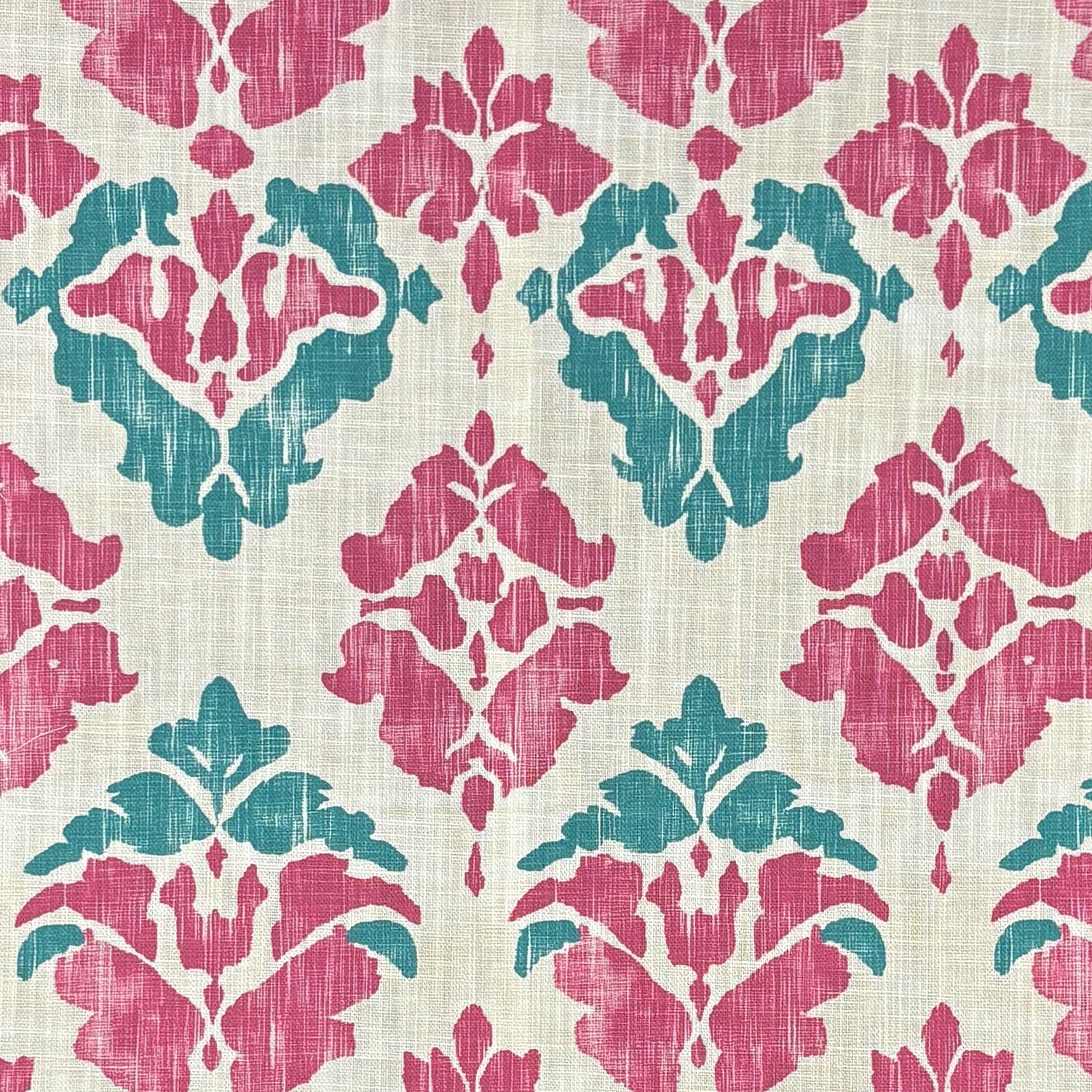 Kilim No.34 pink and teal ikat pattern upholstery fabric flat swatch