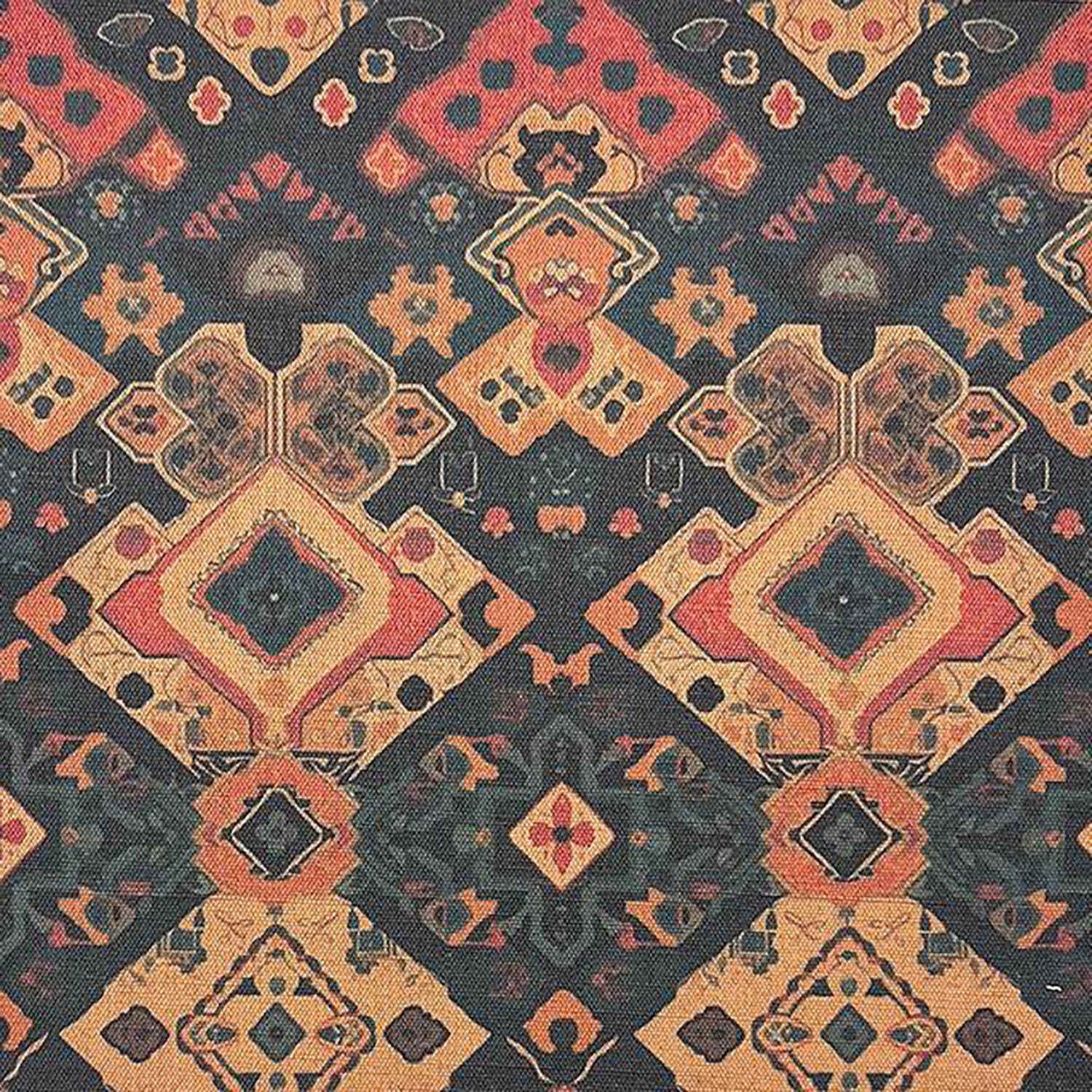 Flat lay of Kilim No.3 brown upholstery fabric with rustic cilium geometric pattern