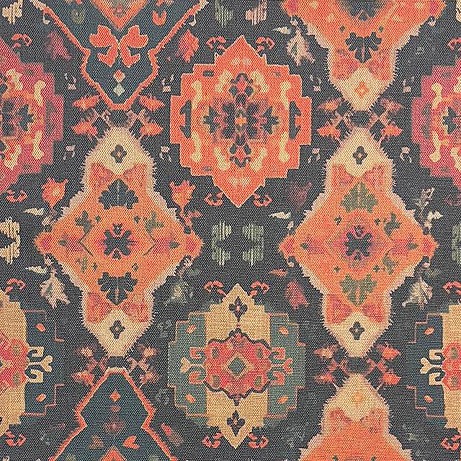 Flat lay of Kilim No.4 orange upholstery fabric featuring tribal kilim geometric print