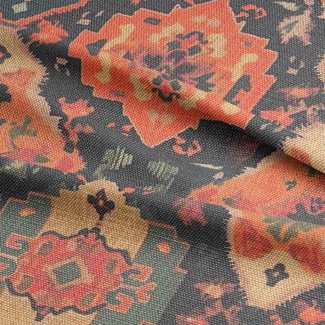 Detail shot of Kilim No.4 showing burnt orange and ochre upholstery fabric texture