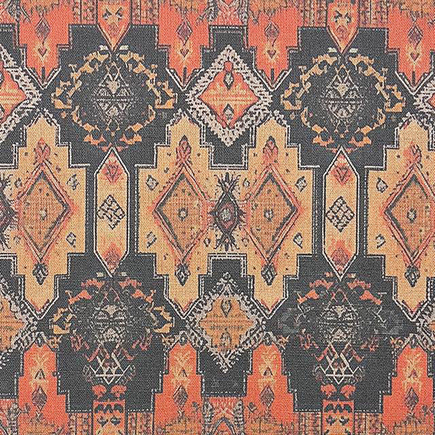 Flat lay of Kilim No.5 upholstery fabric showing burnt orange and geometric kilim pattern