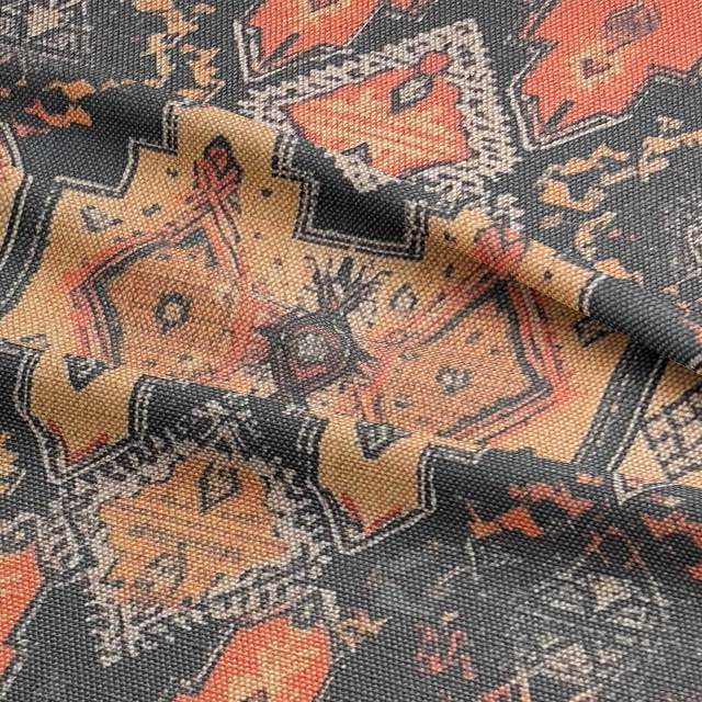 Detail of Kilim No.5 fabric weave with earthy orange and diamond tapestry design fabric