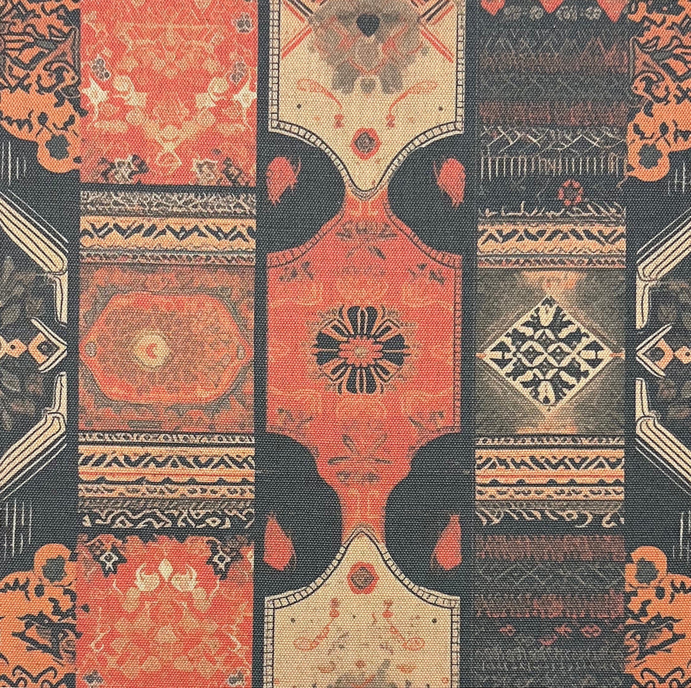 Terracotta and charcoal kilim pattern upholstery fabric by Saint and Poet