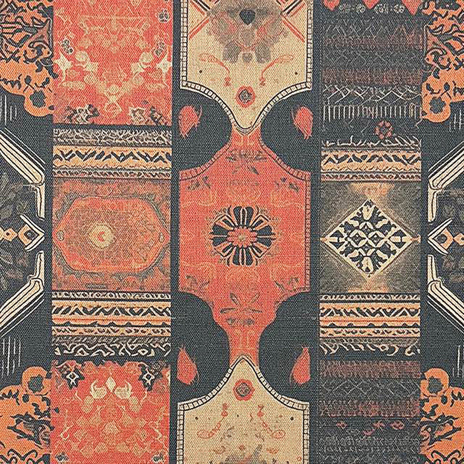 Terracotta and charcoal kilim pattern upholstery fabric by Saint and Poet