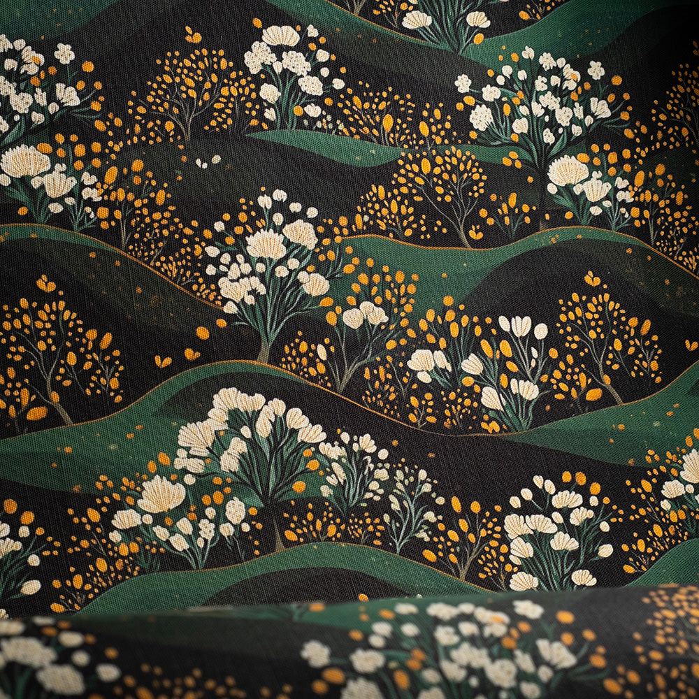 Japanese-inspired upholstery fabric with rolling green hills and golden florals – Kintsu No.10