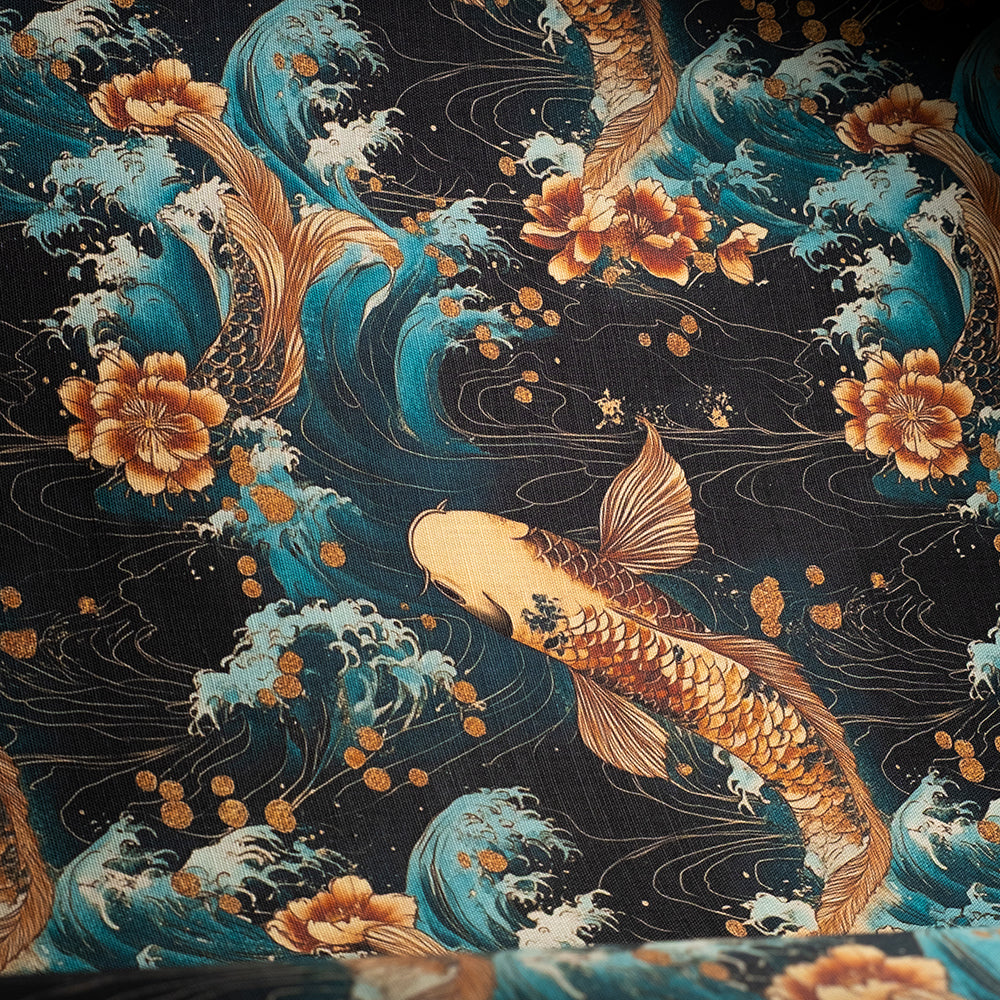 Statement Japanese print upholstery fabric with koi fish swimming through waves