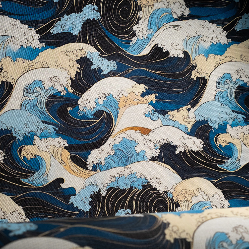 Japanese-inspired upholstery fabric with indigo waves and gold accents – Kintsu No.2