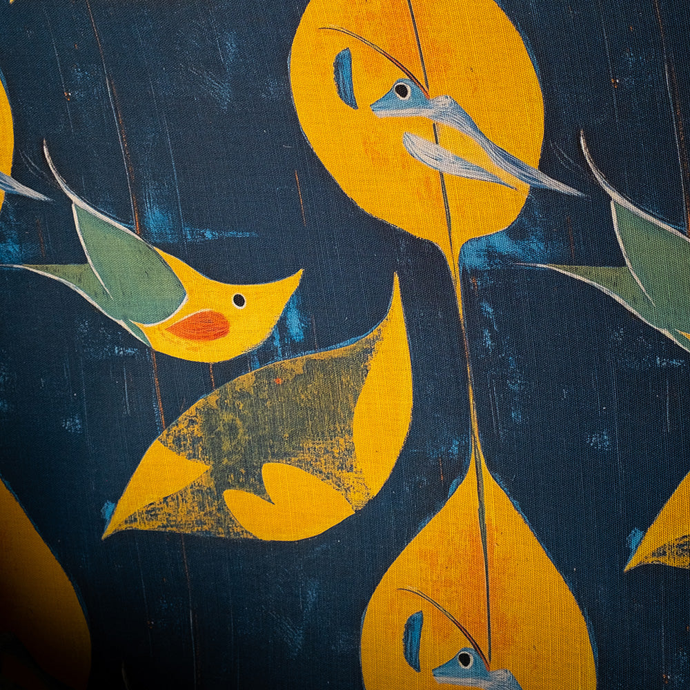 Japanese-inspired upholstery fabric with golden birds and deep blue background – Kintsu No.6