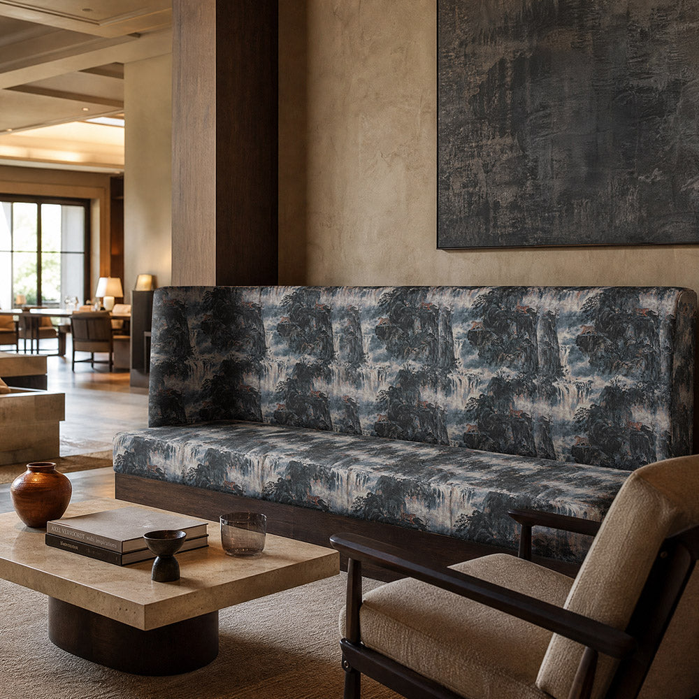 Kintsu No.14 blue grey tiger upholstery fabric styled on a contemporary upholstered bench