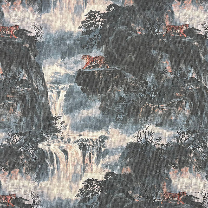 Kintsu No.14 blue grey Japanese scenic upholstery fabric with tigers, rocky cliffs, waterfalls and mist