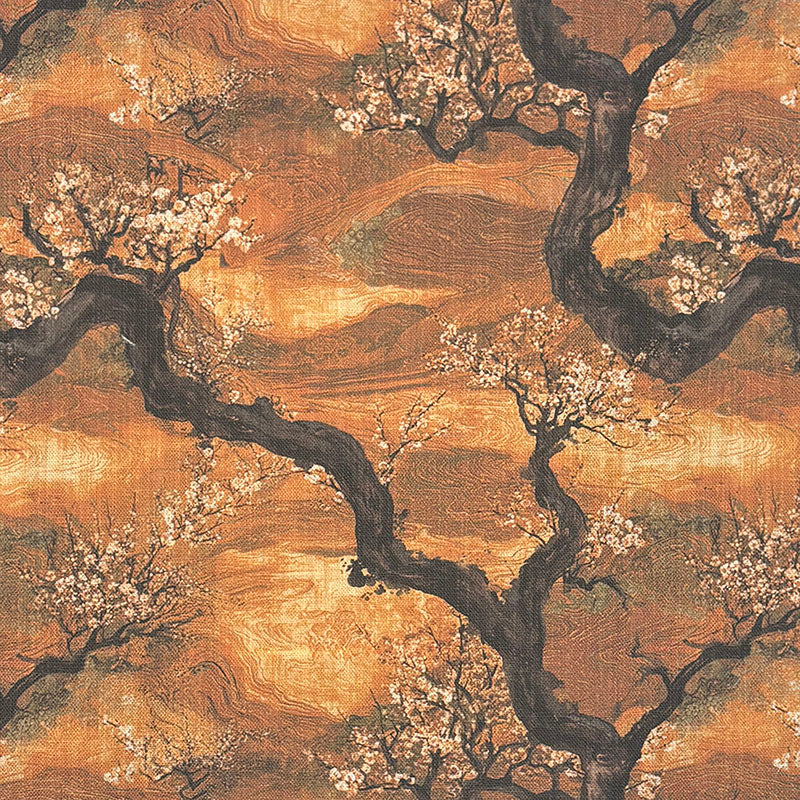 Kintsu No.15 orange ochre Japanese floral upholstery fabric with dark branches and ivory blossom