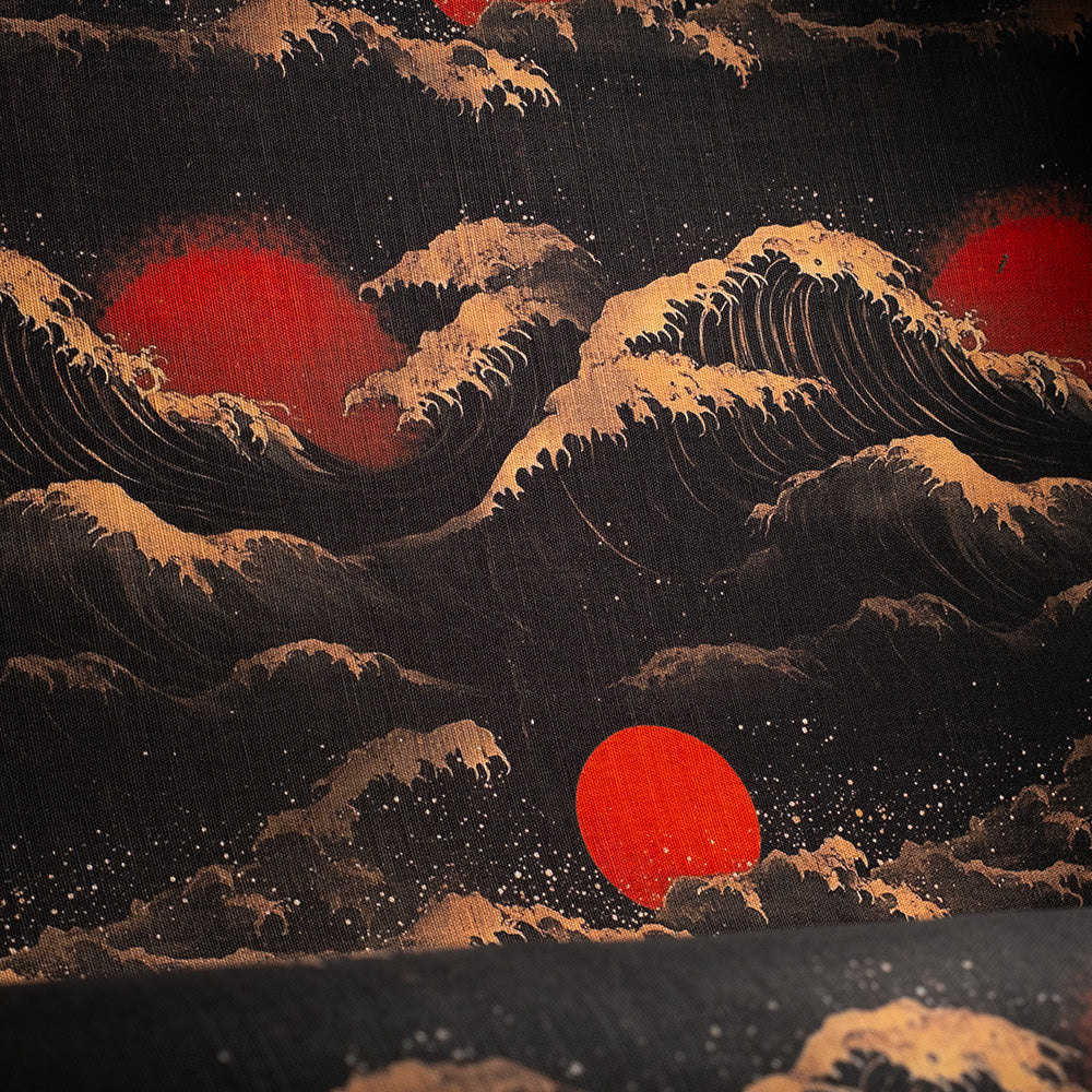 Japanese-inspired upholstery fabric with waves and red sun – Kintsu No.1