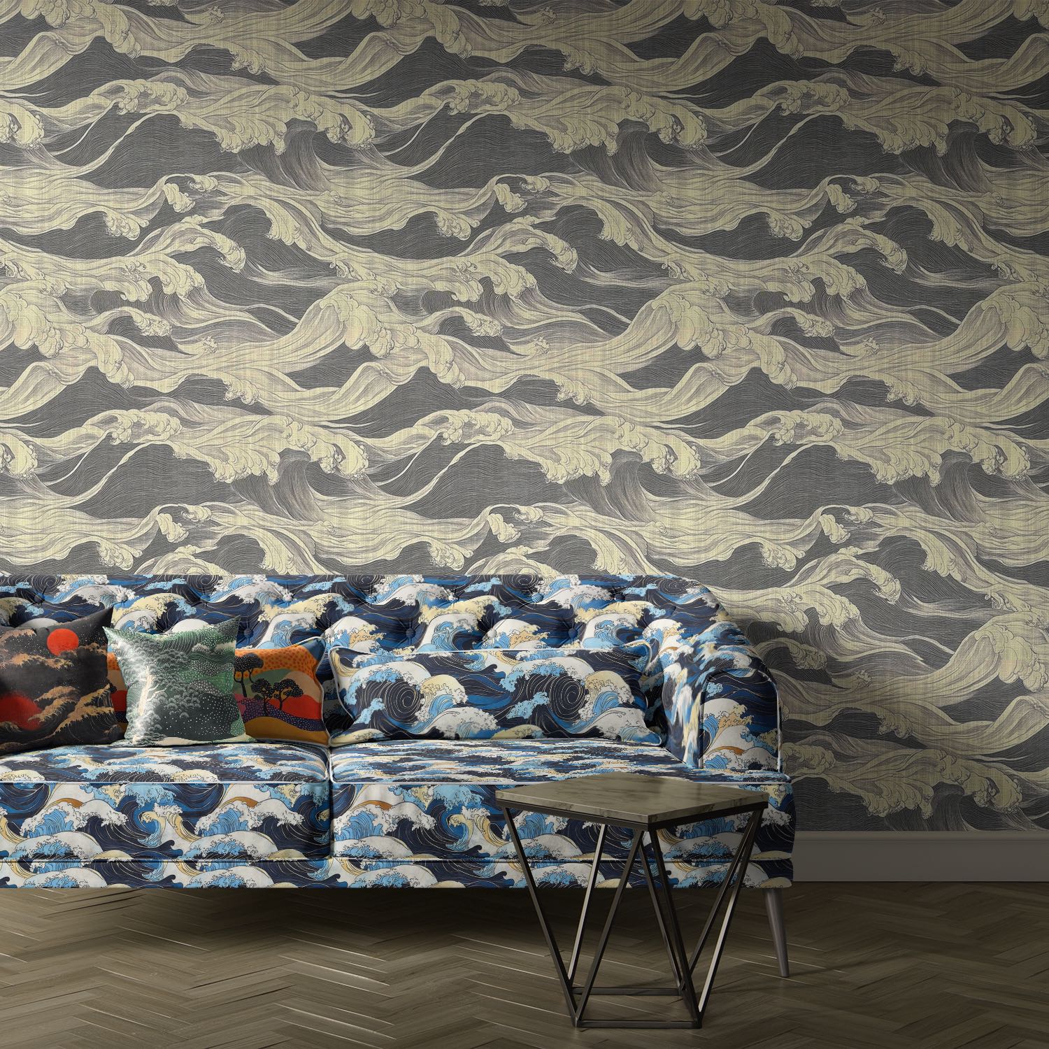 Velvet sofa featuring Kintsu No.2 blue wave design upholstery fabric