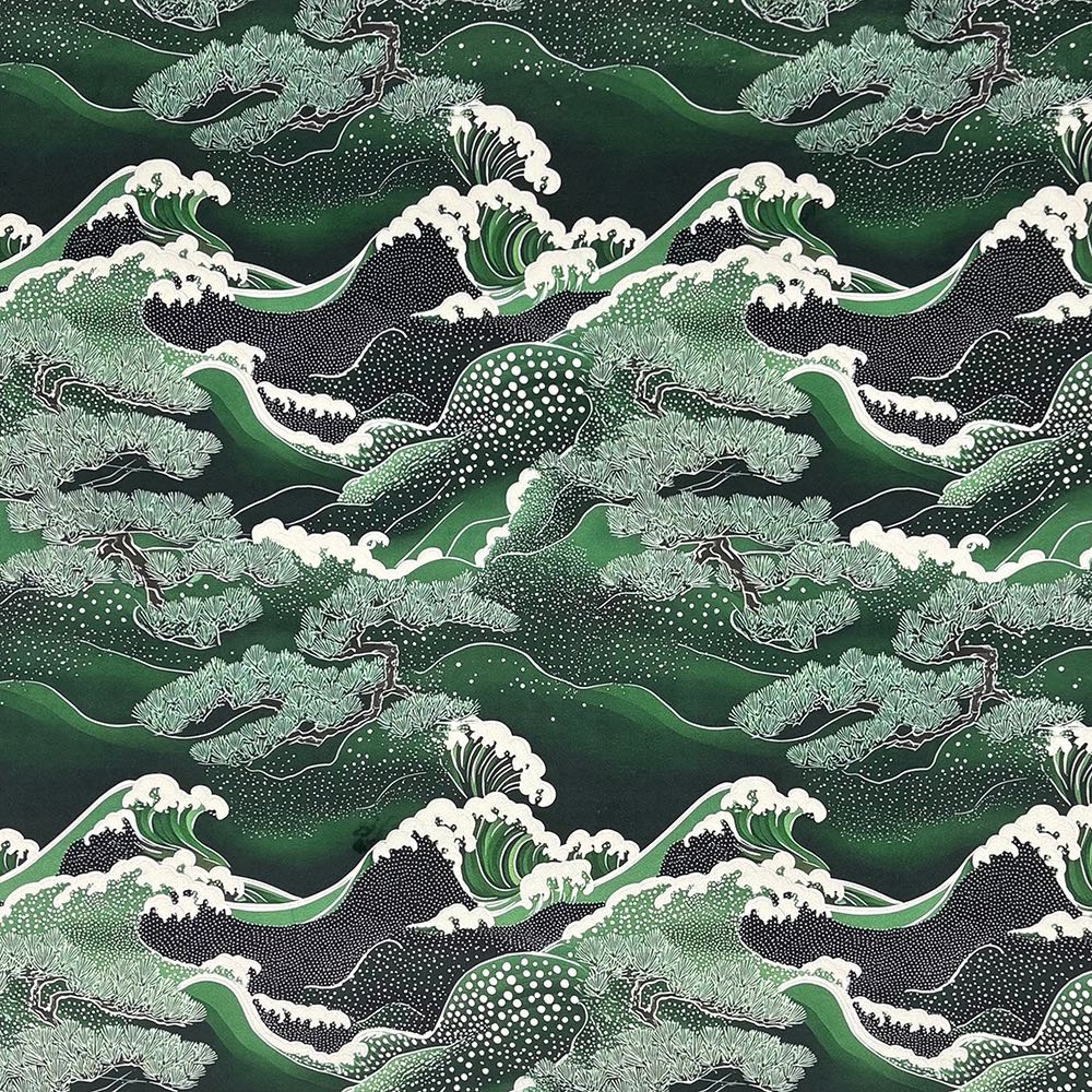 Close-up of Kintsu No.3 Japanese wave pattern in green on velvet upholstery fabric