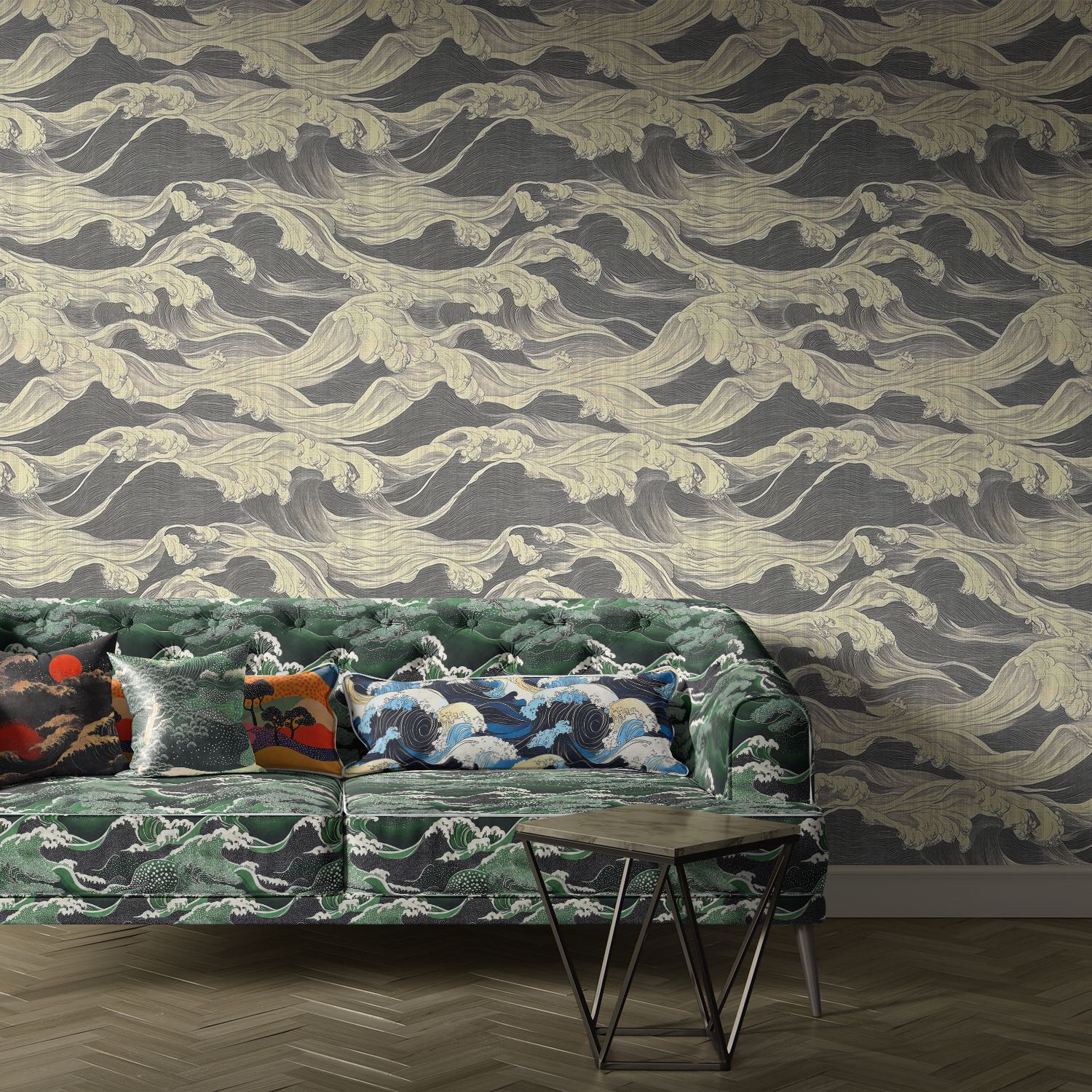 Green velvet upholstery fabric on sofa with bold Japanese wave and pine design – Kintsu No.3