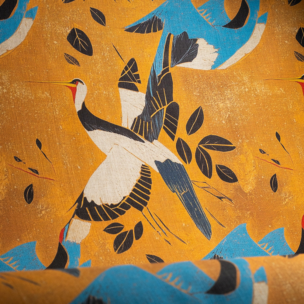 Oriental bird upholstery fabric with golden tones and blue accents – Kintsu No.4