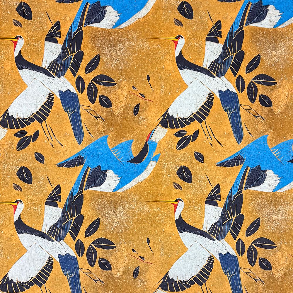 Flat lay of Kintsu No.4 Japanese velvet upholstery fabric featuring cranes and foliage