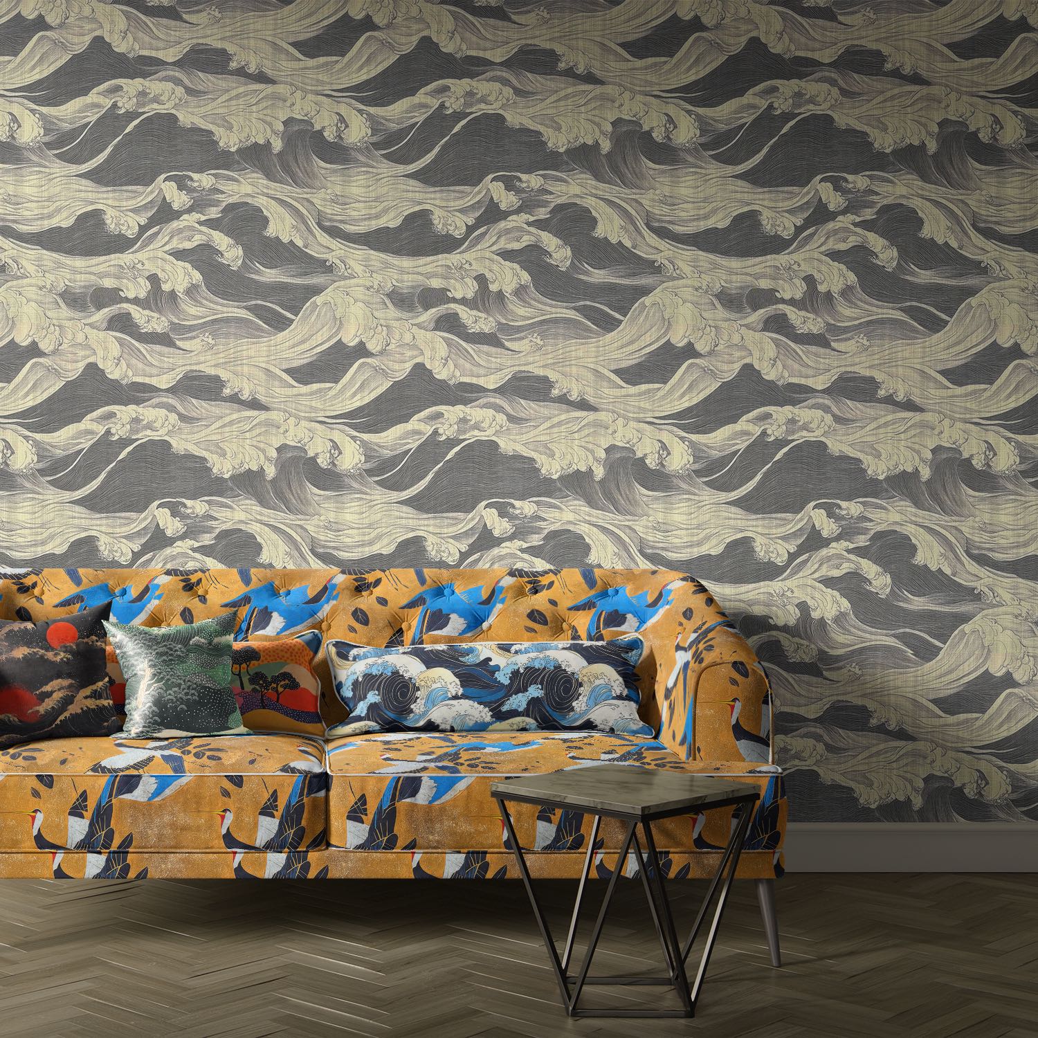 Japanese crane design velvet upholstery fabric in mustard and blue on a statement sofa