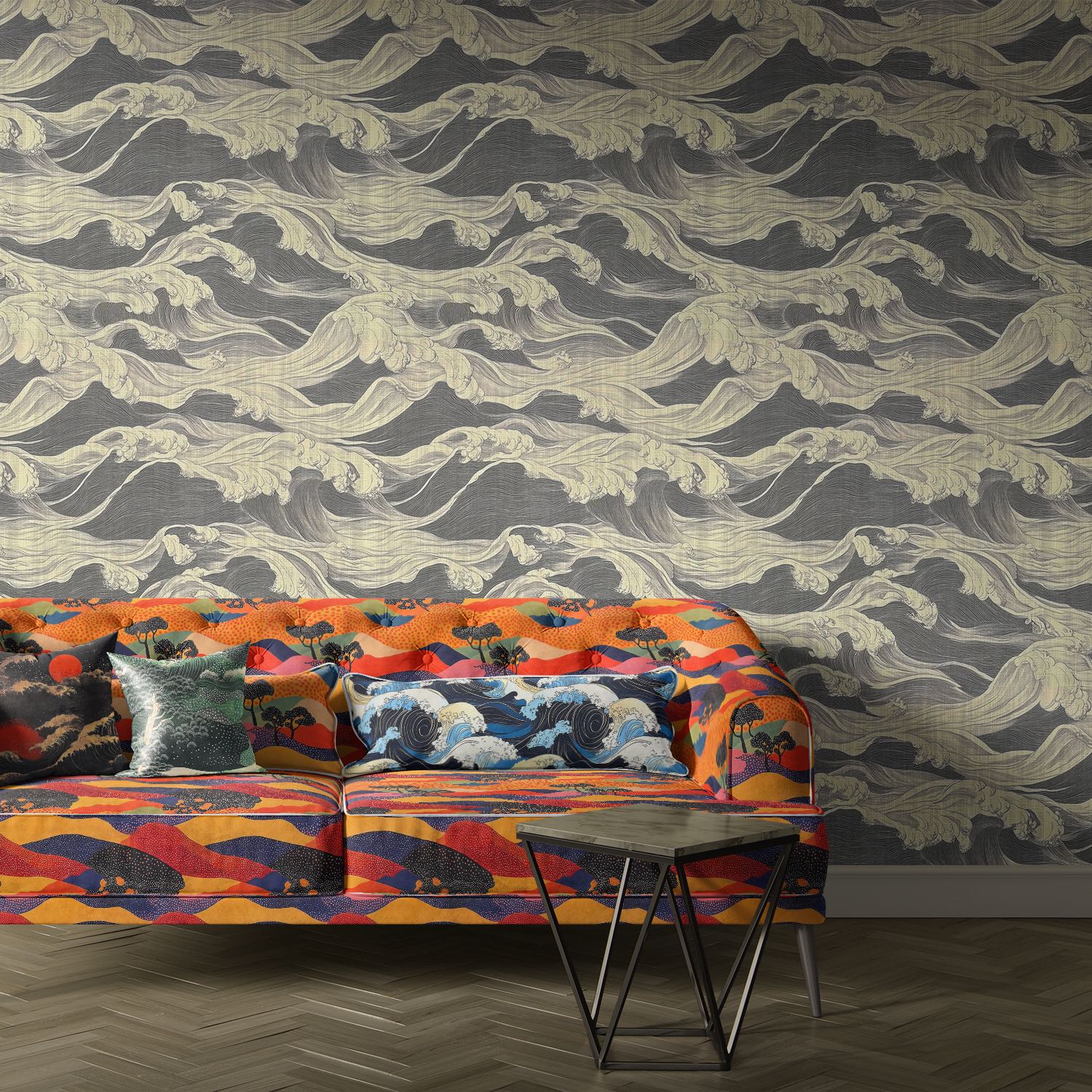 Kintsu No.5 velvet upholstery fabric upholstered on sofa in bold multicoloured Japanese-style design