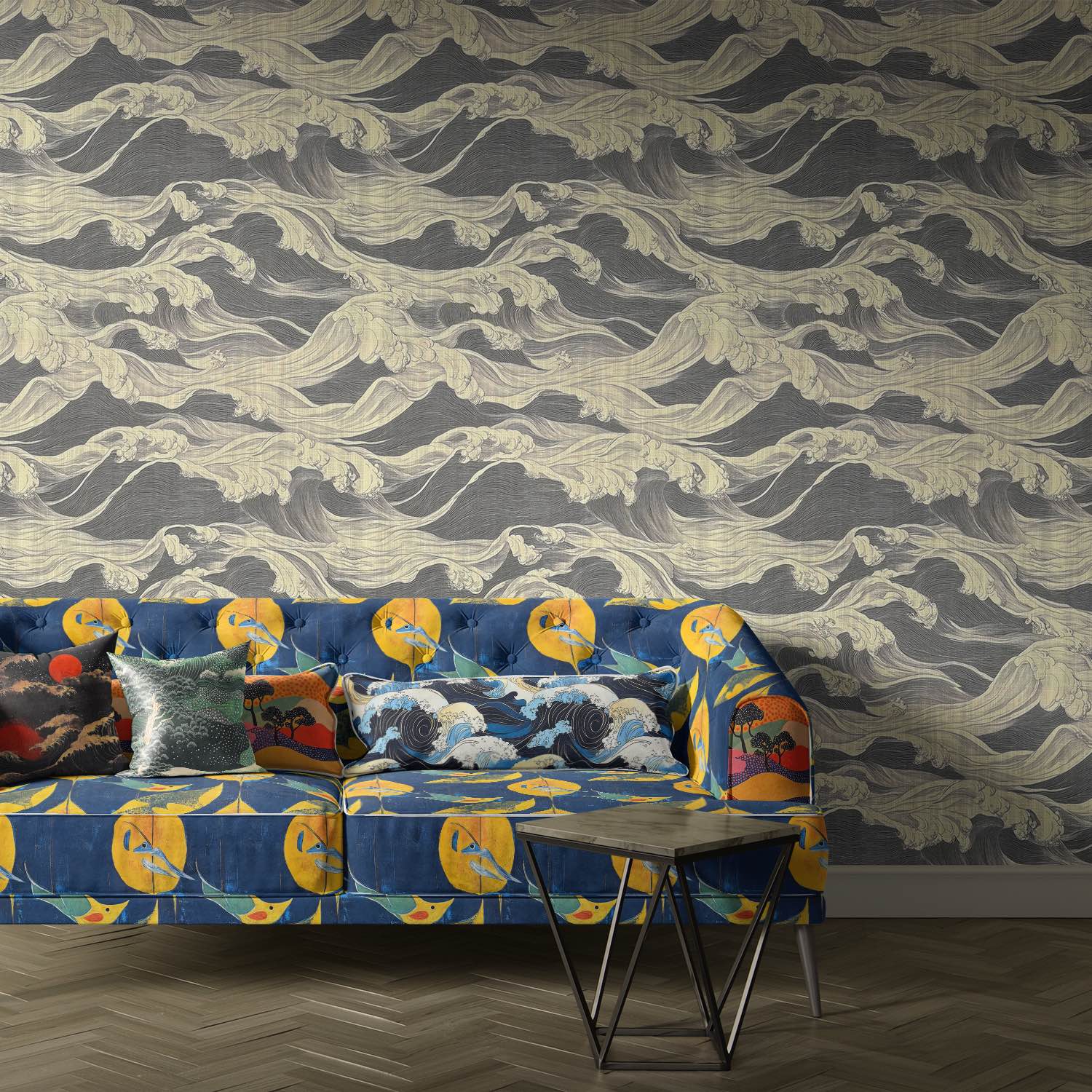 Sofa upholstered in Kintsu No.6 velvet upholstery fabric showing blue and yellow modern Japanese bird design