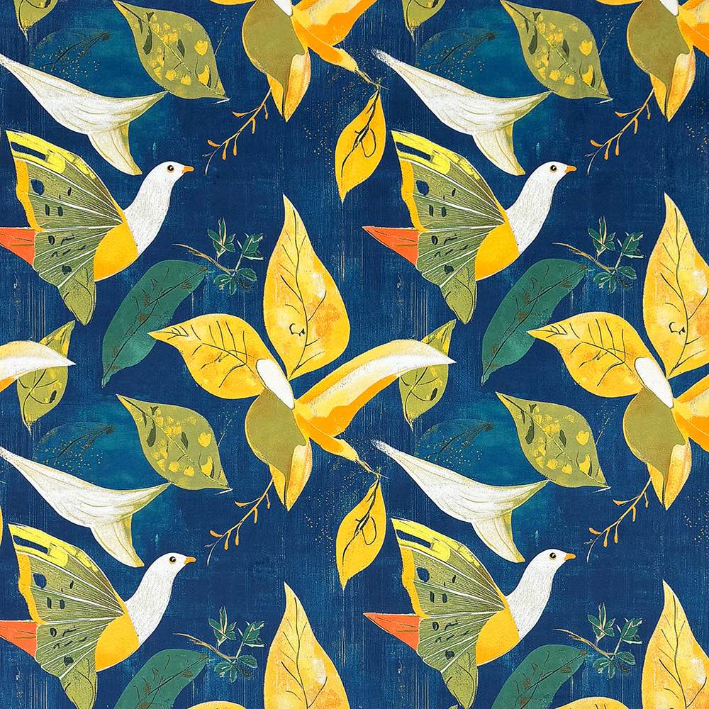 Close-up of blue velvet upholstery fabric with stylised yellow birds and green leaves