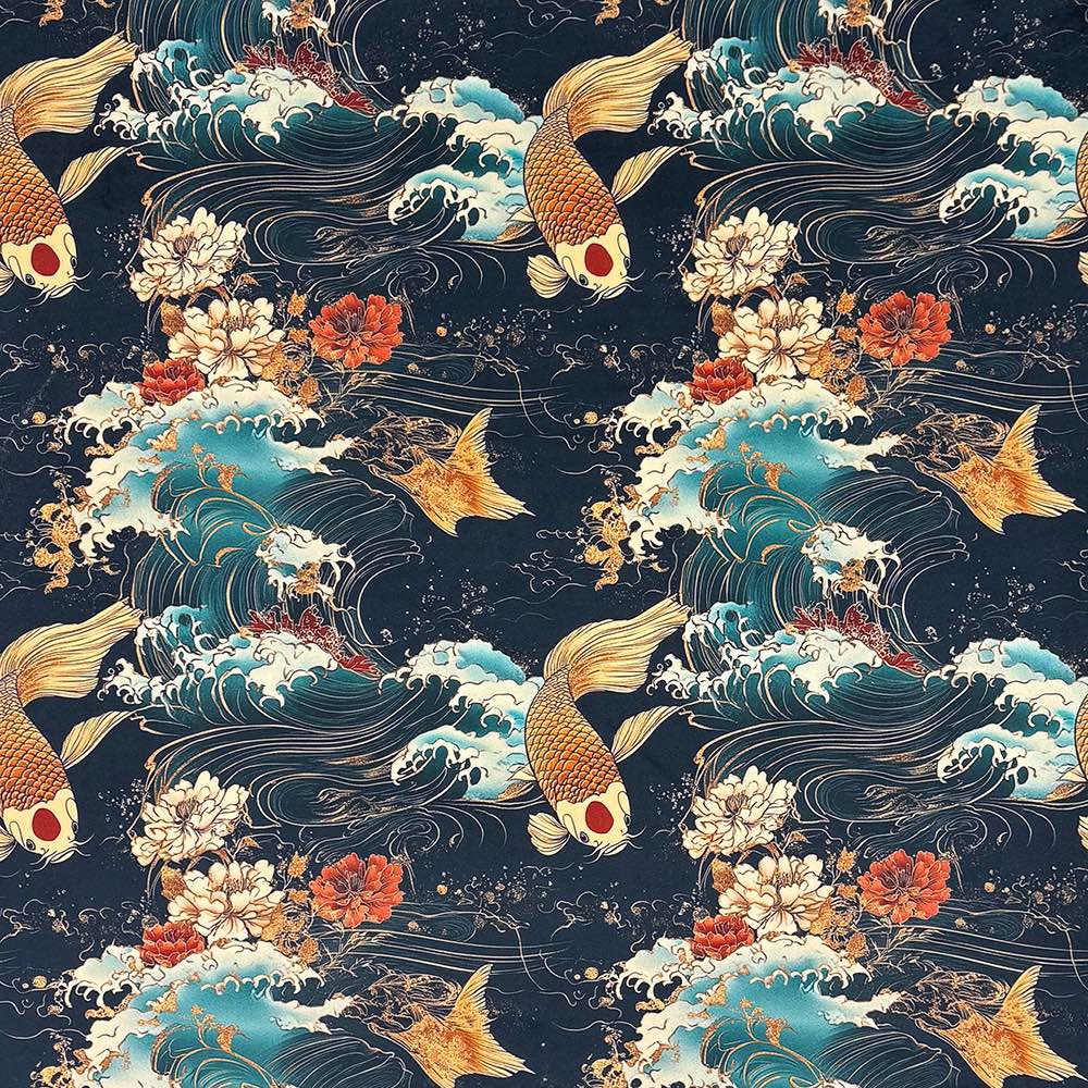 Close-up of Kintsu No.8 velvet upholstery fabric with navy background and gold koi design