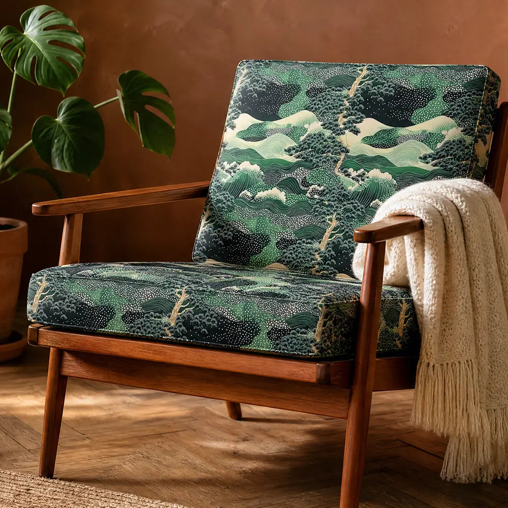 Luxury upholstery fabric with Japanese art inspired pattern in rich green shades and abstract landscape detailing for statement furniture