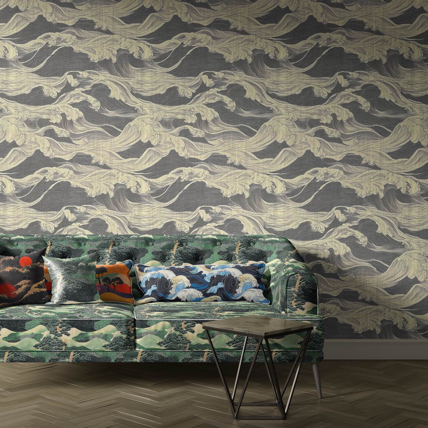Japanese-inspired green velvet upholstery fabric used on a modern sofa in a scenic room